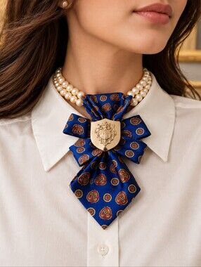 Rochas Vintage Silk Paisley Necklace in Blue & Gold With Crest Brooch
